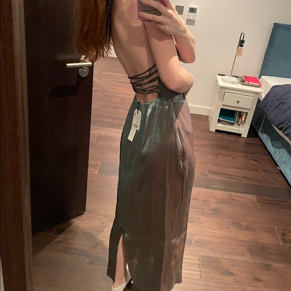 ZARA Silver Metallic Back Laced Slip Dress - Picture 15 of 15